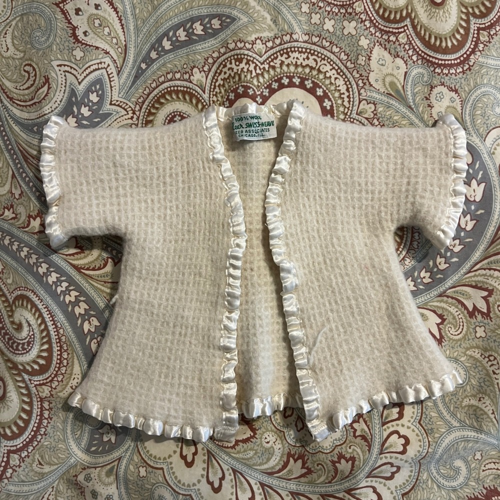 Vintage Fleer Swiss-Weave Baby Wool Cardigan 100% Wool Ruffle